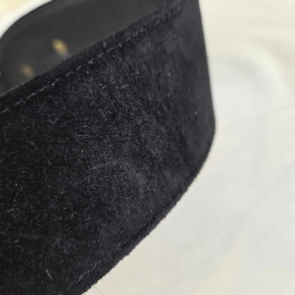 Art 9 Black Suede Wide Leather Belt Gold Hook Front Adjustable Screw Back VTG